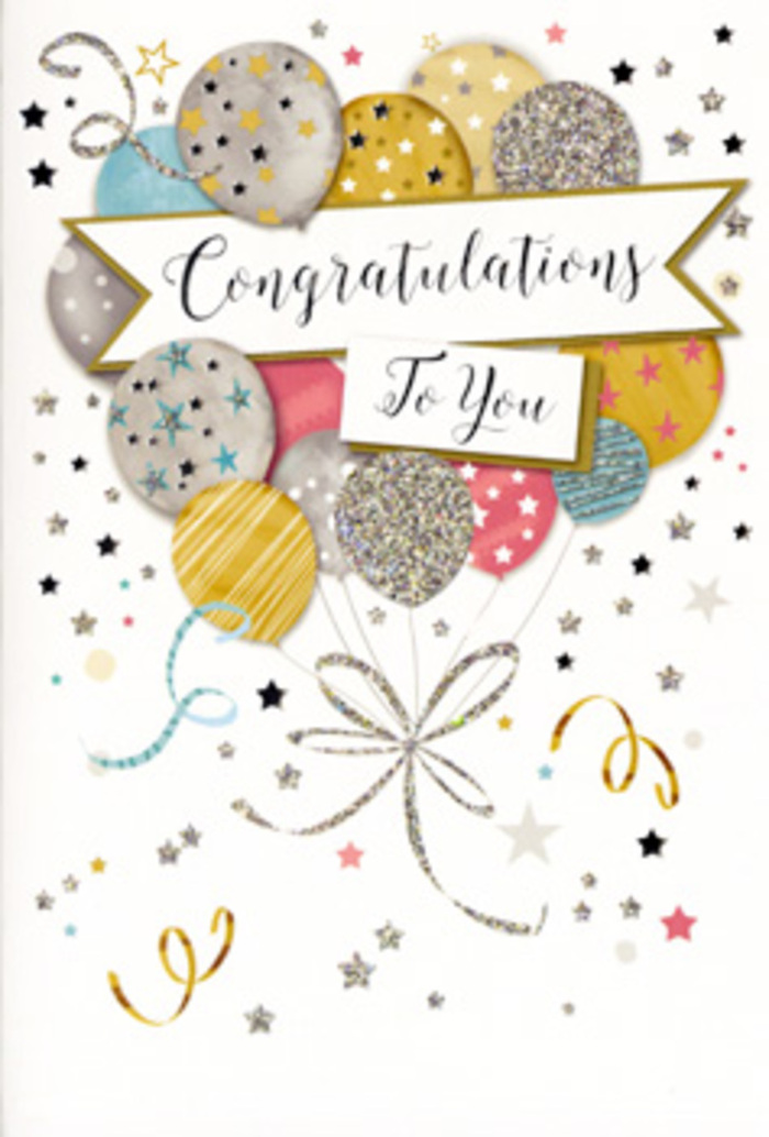 The congratulations card in this image presents a refined celebration scene, as though a bouquet of balloons had been carefully illustrated by hand by someone who understands quiet joy. At the centre, several rounded balloons overlap in a loose cluster, their colours kept to an elegant palette of gold, silver, champagne, soft sky blue, blush pink and gentle grey, like muted party lights reflected in the windows of Morden's residential streets on a calm evening. Each balloon is decorated differently: some carry tiny metallic stars that appear to twinkle, others are brushed with horizontal stripes, while a few are dusted with fine glitter that hints at a subtle sparkle rather than full-on glare. Slim curling ribbons fall from the balloons in threads of gold and silver, creating graceful loops that echo the fluid movement of streamers at a small celebration in a home near Morden South. Scattered across the light background are stars, dots and confetti-like specks in coordinating metallic tones, filling the empty spaces without crowding the design, and giving a sense of gentle motion, like confetti caught mid-fall. A softly curved banner stretches across the middle, bearing the words Congratulations To You in ornate, slightly embellished script, as if written with a calligrapher's pen. The mood is festive yet composed, the sort of card you might choose from Flower Delivery Morden to accompany a thoughtful arrangement for a graduation, promotion, driving test success or any proud life step. Its refined colours and understated shimmer make it feel timeless-suitable for anyone in Morden, from young students to long-serving colleagues being honoured for their achievements.