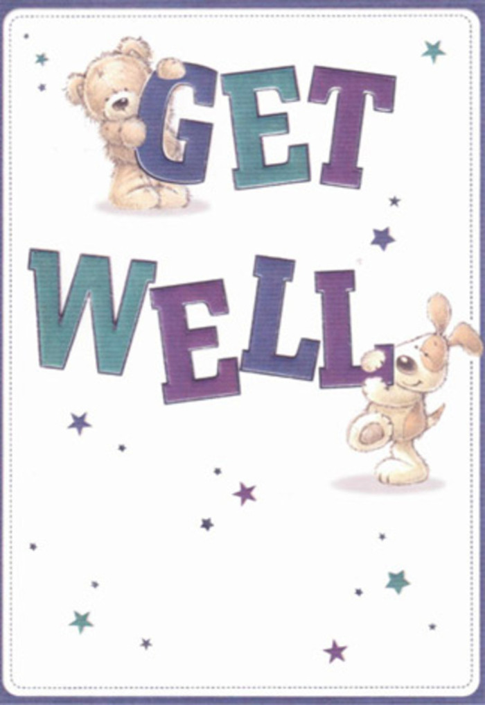 An irresistibly sweet get well card scene unfolds against a pristine white backdrop, its simplicity allowing every warm detail to shine through like a comforting smile delivered to a doorstep in Morden. Dominating the centre, the phrase GET WELL stretches across the card in large, rounded letters shaded in rich purples, indigos, and teal-green tones, the gentle gradients giving the type a slightly three-dimensional, almost cushion-like feel. Perched atop the word GET, a cuddly teddy bear with soft-looking, textured fur leans forward as if peeking over a windowsill, his expression open and caring, the pads of his paws cleverly drawn to suggest plush softness. At the base, a lively puppy presses affectionately against the sturdy WELL, floppy ears trailing down and body posed in a friendly, steady stance that communicates both playfulness and support. Around them, delicate starbursts and scattered star shapes in cool blues, violets, and aquas sprinkle the air, suggesting a flurry of hopeful wishes and tiny sparks of optimism. The uncluttered cream-white ground enhances the feeling of cleanliness and calm, reminiscent of clear morning light falling across a bedside bouquet. Imagined beside bright, fragrant flowers arranged by Flower Delivery Morden, this card would sit happily on a mantel in a flat near Morden station or on a kitchen table just off London Road, bringing a moment of gentle cheer to anyone under the weather. The overall impression is one of tender encouragement-youthful enough for children, yet softly reassuring for adults-like a visual equivalent of sitting down and saying, You're cared for, and brighter days are on their way.