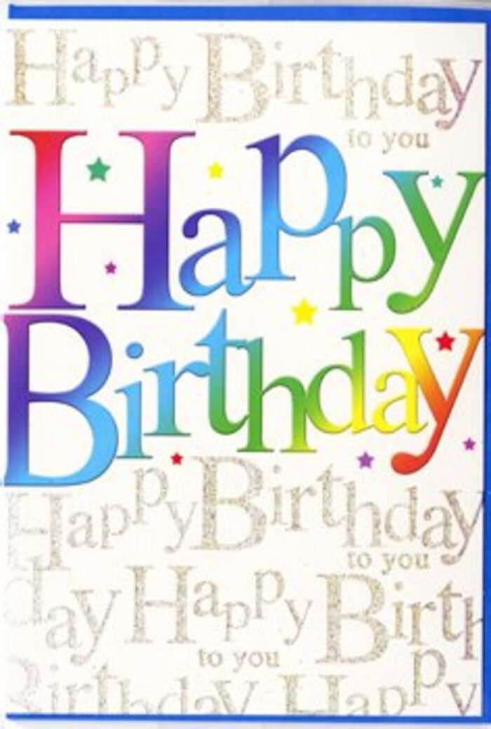 This birthday card is designed with the same care and layered detail that goes into composing a celebratory bouquet for a Morden birthday, where every element has a part to play. At the very centre, the words Happy Birthday appear in large, generous lettering, each letter standing tall and rounded, with a soft, modern style that feels friendly and upbeat. Instead of a single colour, every character is filled with a smooth gradient, transitioning through a full rainbow spectrum-bold red at one end, then flowing through apricot, sunshine yellow, bright leaf green, teal, mid-blue, and ending in rich purples and pinks. The colours are saturated but not harsh, suggesting a professionally printed, slightly glossy finish that would catch the light from a nearby window on Aberconway Road. Sprinkled around the main phrase are fine, confetti-like details-tiny dots, slivers, and starbursts-echoing the same bright palette, as if someone has just opened a party popper across the card. Behind this colourful foreground lies a calmer layer: a warm ivory backdrop laced with repeated gold cursive text quietly spelling out Happy Birthday to you in tidy, looping lines. The metallic ink seems to glimmer softly, reminiscent of gentle evening light reflecting off shopfronts near Morden town centre. This duality-the loud, joyful colours and the gentle, golden script-makes the card feel both playful and heartfelt, suited to marking a big birthday or a simple, meaningful one. From the perspective of a florist who often pairs cards with bright birthday blooms for local deliveries, this design feels like a paper echo of a rainbow bouquet, ready to bring a smile before it's even opened.
