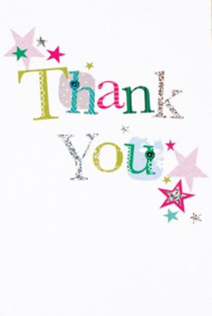 There's a refined exuberance in this thank you card that feels right at home in Morden's welcoming spirit. The typography bends and arcs in playful shapes-a patchwork of colour from cool azure to vibrant chartreuse and radiant magenta, each letter given its own artistic voice. Silver glints on a few letters catch the available light, reminiscent of the soft glimmer of city lights beyond Morden's tranquil corners at dusk. Delicate dots and stitched patterns enrich the tactile allure, suggesting a handcrafted attention you'd expect from a florist designing bouquets on a sunny morning for local events. Surrounding the message, expressive clusters of stars in vivid pink, turquoise, and hints of shimmery silver orbit in thoughtful symmetry, adding animation and visual rhythm to the immaculate white backdrop. The composition achieves a light, modern openness-never crowded, always inviting-echoing the balanced style favoured by local florists for clients throughout the community. Whether paired with a fresh-cut arrangement for a colleague near Morden Station or a family member in Lower Morden, this card conveys an authentic sense of appreciation, uniting artistry with warmth. Its blend of visual clarity, color play, and delicate celebration ensures the gesture of thanks feels as memorable as it is genuine.