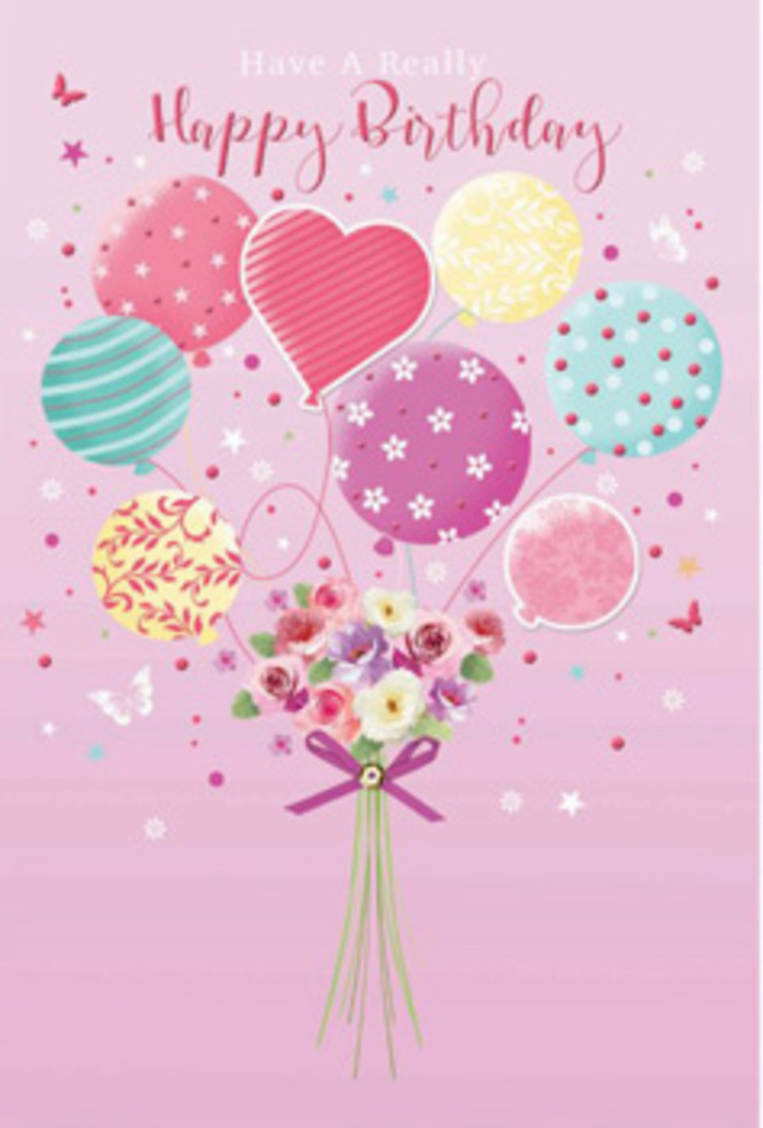 Visual representation of an imaginative birthday card design that feels as if it has been thoughtfully described by an experienced Morden florist familiar with local celebrations. Set against a gentle blush-pink backdrop, the scene shows a whimsical cluster of pastel balloons rising from a gathered bouquet of fresh-looking flowers, as though the blooms themselves are drifting upward in joyful tribute. Each balloon has its own decorative flair: some wear swirling ribbons of mint, lavender, and rose; others sparkle with tiny stars or display neat rows of polka dots reminiscent of festive bunting at a birthday party near Morden Hall Park. At the centre, a heart-shaped balloon in layered pink and mauve hints at affection and the closeness of family and friends. Below, a small but lush bouquet of roses and daisy-like blossoms anchors the image. The petals shift beautifully from creamy ivory to warm blush and soft fuchsia, with touches of lilac that echo the balloon colours above. Their edges appear slightly ruffled, giving the illusion of real texture, like petals you might brush with your fingertips when picking out a birthday bouquet on Morden high street. The stems are gathered tightly and bound with a shimmering purple bow, its satin sheen catching the light and suggesting careful, expert wrapping. Gentle highlights along the balloons and blooms create a soft, glowing atmosphere, while tiny butterflies and scattered star shapes dance around them like confetti. The composition radiates tender joy, making it easy to imagine this card accompanying a fresh flower delivery to a birthday gathering somewhere in Morden.