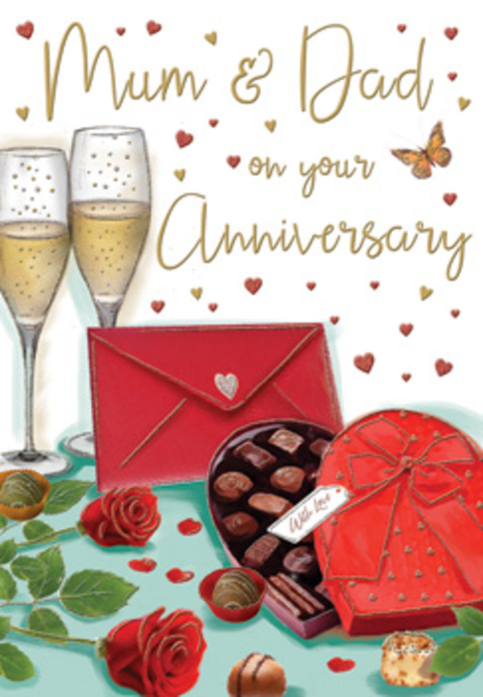 The anniversary card illustration unfolds like a still-life celebration, filled with details that evoke a cosy evening in Morden after a leisurely walk through Morden Park. Dominating the upper part of the design are two elegant champagne flutes, placed close together on a smooth tabletop. The glasses catch a mellow light, and the champagne inside gleams a soft, golden hue, tiny bubbles suspended mid-rise as if a toast to lasting love is moments away. At the base of the glasses, two luxurious red roses are arranged with casual elegance. Their petals are full and velvety, curling in tight spirals at the centre and opening into generous, plush edges, while glossy green leaves frame them like a freshly arranged bouquet from a trusted local florist. Just nearby, a heart-shaped chocolate box takes pride of place. Its rich red exterior is crowned with a wide satin bow, tied in a dramatic flourish, and the open lid reveals an assortment of bite-sized chocolates nestled in tidy rows. A few individual chocolates have been placed on the table, suggesting shared indulgence. To the side rests a vibrant scarlet envelope, sealed and slightly angled, a visual hint at a thoughtful anniversary message penned with affection, perhaps to beloved Mum & Dad. Scattered across the background, tiny hearts in shades of crimson and metallic gold drift like festive confetti, echoing the tones of the roses, ribbon, and bubbly. The overall atmosphere is one of warmth, celebration, and gratitude, like the gentle glow of a family gathering in a Morden home, marked by flowers, fizz, and heartfelt words.