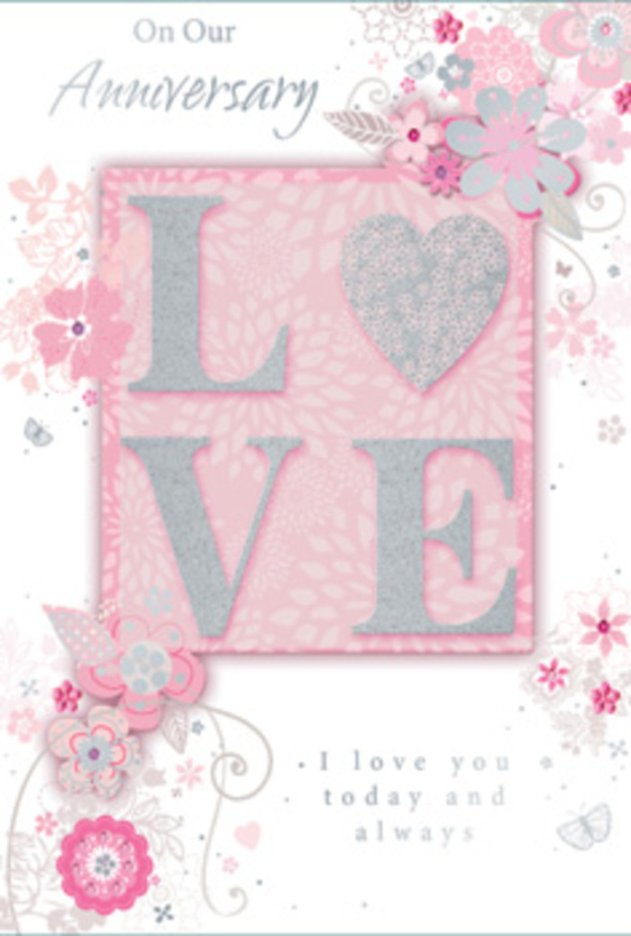 This anniversary card presents itself with the same thoughtful grace you might expect from a carefully chosen bouquet delivered to a doorstep in Morden. The central motif is the word LOVE, elegantly spelled out in tall, raised letters that sparkle with a fine dusting of glitter, as if touched by starlight. The shimmer is subtle yet captivating, offering both visual interest and a tactile delight when fingers drift across the surface. Around this word, a cascade of drawn flowers and delicate foliage sweeps outward, their soft petals and curving stems echoing the shapes of roses, small blossoms, and trailing greenery often used in romantic arrangements. The colour palette leans gently into blush pink, ivory, and pearly white, with fine silver details catching the light like the edge of satin ribbon under a shop lamp in a local florist on Morden's high street. The background is a soft pink wash, calm and even, giving the floral tracery room to breathe. The flowers themselves are not bold or heavily saturated; instead, they appear as if brushed on in light strokes, creating a sensation of airy movement, like petals stirred by a quiet breeze in Morden Hall Park's gardens. An anniversary message, written in a graceful script beneath or beside the central word, completes the design with a note of genuine affection and continuity. The overall impression is of understated romance and enduring partnership, captured in an illustration that feels both modern and timeless. This card's careful balance of light, colour, texture, and heartfelt typography mirrors the sensitivity of a florist assembling a hand-tied anniversary bouquet with care and local understanding.