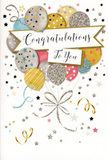 The scene on this congratulations card captures the feeling of walking into a beautifully prepared celebration, just as you might step into a decorated living room in Morden after hearing good news. The central focus is a gathering of balloons, rendered in soft, rounded shapes that overlap comfortably, suggesting closeness and shared happiness. Their colours are a harmonious blend of champagne gold, muted silver, pale blue, blush pink and stone grey, each balloon finished with tiny metallic stars, fine glitter or delicate stripes so that no two are quite the same. Slender ribbons in gold and silver trail from them, curling and looping with the relaxed ease of party streamers hanging above a table set with flowers on an evening near Morden Station. The background remains light and uncluttered, gently speckled with scattered stars, dots and fleeting swirls, as though confetti were floating slowly through the air. Across the centre, a soft banner sweeps horizontally, carrying the words Congratulations To You in flowing, graceful calligraphy that makes the message feel warm and personal. Subtle glints of glitter and glossy ink suggest a tactile surface you might run your fingertips across while reading the message inside. The overall impression is one of airy, joyful celebration-festive without being loud, sophisticated yet still playful. It looks ideal for marking proud milestones in Morden, from exam results and new jobs to promotions and new beginnings, especially when paired with a fresh bouquet so the recipient feels thoroughly seen, appreciated and celebrated.