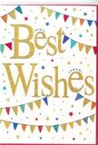 In this image, a celebratory card glows with the same cheerful energy you might feel walking through Morden on a bright weekend morning. The focal point is the phrase Best Wishes, written in bold, flowing gold script that glimmers softly against a pristine white background. The lettering appears embossed and slightly glittered, catching the light in a way that brings warmth and a subtle sense of luxury, like sunlight glancing off polished brass. Around the central message, arcs of colourful bunting stretch gracefully from side to side, framing the words as if they were part of a joyful street celebration near Morden Hall Park or along London Road. Each tiny triangular flag is painted in vivid hues-sky blue, cherry red, leafy green, and sunshine yellow-and many feature charming patterns such as stripes, polka dots, and small mosaic-like designs. These miniature pennants seem to sway gently, suggesting a light breeze moving through an outdoor gathering. Sprinkled between the bunting are small stars and circular confetti marks, scattered with a sense of spontaneity, as though thrown into the air at the exact moment good news is shared. The crisp white space allows every colour and golden highlight to stand out clearly, lending the design a polished yet playful feel. Emotionally, the card radiates encouragement and genuine happiness, ideal for congratulating a friend on a new job in Morden, celebrating exam results, or wishing someone well as they start a fresh chapter. It's easy to imagine this card accompanying a vibrant bouquet on same-day delivery, quietly reinforcing a heartfelt message of hope and shared joy.