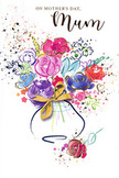 This Mother's Day card design presents a joyful, watercolour-style bouquet that radiates warmth and affection, much like a surprise delivery to a family home near Morden station. A lively mix of flowers in lush purples, playful pinks, rich cerise, and serene blues swirl together at the centre, their forms loosely defined by sweeping indigo lines that suggest petals and leaves without confining them. Hints of red and apricot peek through the arrangement, while elegant touches of gold glimmer along the edges of blossoms and foliage, adding a refined, almost sparkling finish. The bouquet rises from a softly rounded vase painted in pale washes, its base wrapped with a graceful golden bow that conveys the thoughtfulness of a carefully presented gift. Across the surrounding white space, flecks of colour, drifting hearts, and delicate splashes scatter outward, like petals tossed in celebration after a walk through Morden Hall Park in full bloom. The overall composition feels airy yet intentional, capturing that tender pause when someone hands over flowers and says, for you, Mum. The mood is unmistakably loving and festive, balanced between spontaneity and care, reflecting the way a skilled florist arranges each stem for meaning as much as beauty. It becomes more than a simple card image; it is a visual embrace, a softly glowing tribute to the special bond between mother and child in Morden.