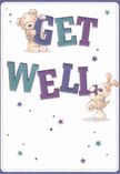 A whimsical illustrated get well card, perfect for sending alongside a bright bouquet here in Morden, shows two endearing characters working together to pass on a message of healing. At the top, a soft, cuddly bear with rounded paws and gentle eyes clings to the word GET, his fur rendered in warm, velvety tones that feel almost touchable. Below, a floppy-eared puppy leans happily against the bold word WELL, his tail and ears suggesting a playful wag, as if he can't wait for the recipient to feel better. The letters themselves are large and exuberant, painted in deep purples, indigos, and teal aquas with subtle shading that makes them appear to pop off a clean cream-white background. Around the characters and lettering, scattered starbursts and tiny star shapes in shades of blue, violet, and soft turquoise sparkle like little wishes drifting through the air. The composition feels light and uncluttered, with plenty of breathing space that mirrors the calm reassurance you want when someone is unwell. As a florist familiar with comforting families across Morden, from homes near Morden Hall Park to the quieter streets by the station, I imagine this card resting beside a vase of fresh, soothing blooms on a bedside table. The overall mood is gentle, optimistic, and child-friendly, yet still warmly suitable for adults-a visual hug that pairs beautifully with a get well flower delivery, offering both a smile and a sense of hope in one charming scene.