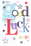 A bold, cheerful good luck card lies against a crisp white background, its design bursting with colour and optimism like a fresh bouquet ready to leave the shop. The words Good Luck are scattered playfully across the front in oversized, pastel-blue letters intertwined with deeper reds, mossy greens, and rich purples, as if each letter has been cut from a different ribbon on the workbench. Around the phrase, tiny stars dance in navy, lilac, lemony lime, and soft sky blue, giving the impression of wishes floating up over Morden Park on a clear evening. Some stars are solid and confident, others pale and sketch-like, suggesting possibilities still forming. The card's surface looks smooth and satiny, like good-quality florist card stock you might touch while we write a handwritten message for a customer. Light falls evenly over the design, keeping the white space bright and letting every colour breathe, just as we space stems carefully in a bouquet so each flower can be seen. The mood is pure encouragement: playful, hopeful, and gently reassuring, ideal for a new job near the high street, an exam at a local college, or a big move away from the familiar streets of Morden. Though flat, the typography feels layered and slightly raised in the imagination, echoing the tactile pleasure of running your fingertips over freshly printed ink and knowing someone has taken the time to send their best wishes. It's the sort of card you'd slip in with a lucky green-and-white arrangement, a small but powerful token of belief in the next chapter.