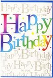 The front of this birthday card is alive with the kind of colour and warmth you might associate with a cheerful gathering in a Morden living room, full of balloons and laughter. Dominating the design, the phrase Happy Birthday stretches proudly across the card in generously sized letters, rounded and approachable, with each one wearing its own blend of bright colour. The hues flow through the rainbow in a smooth gradient, moving from rich reds and oranges into golden yellow, fresh grassy greens, and clear sky blues, before fading into deep violet and playful pink, giving the whole message an energetic, almost glowing feel. The printing looks clean and crisp, with a subtle sheen that suggests quality card stock and a finish that would reflect lamplight softly during an evening celebration. Around the letters, little specks and star-like shapes are scattered in matching tones, mimicking the carefree drift of confetti over a birthday table in a home just off London Road. Behind all of this sits a creamy, almost parchment-like background, completely covered with repeating lines of Happy Birthday to you written in elegant, looping gold script. The metallic effect catches the light gently, creating a soft shimmer like candlelight glancing off a vase of fresh blooms. This combination of bold typography and delicate script creates a layered, festive look that feels joyful rather than busy. It's the sort of card that would sit perfectly alongside a colourful bouquet delivered locally in Morden, turning a simple birthday greeting into a moment that feels genuinely special and memorable.