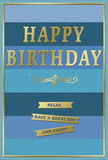 The photograph captures a beautifully composed birthday card whose design blends tranquility with quiet festivity, much like an unhurried birthday morning in Morden. The card's background is a series of broad, horizontal bands in varying shades of blue, moving from lighter sky tones to deeper navy and teal. These layered stripes create a gentle ombre effect, evoking the calm of an open sky or still water. Centred across these blues, the words HAPPY BIRTHDAY are embossed in large, metallic gold letters. The raised lettering catches the light with a warm gleam, suggesting a smooth, slightly textured feel beneath the fingertips-polished but not overly glossy. Just under the main greeting is a delicate golden flourish, a graceful scroll motif that adds a touch of vintage charm and separates the headline from the rest of the message. Below this flourish, three narrow gold banners sit in a neat stack, each ribbon carrying a part of the sentiment, together reading: Relax, have a great day and enjoy! These banners mirror the horizontal lines of the background, keeping the whole design calm and orderly. A slim gold border runs around the outer edge of the card, framing the blues like a carefully tied ribbon on a bouquet delivered to a home off London Road or near Morden tube. The card stock appears smooth and velvety-matte, making the contrast between the muted background and gleaming gold details especially striking. Overall, the card feels like a gentle, heartfelt birthday greeting-simple, elegant, and perfectly suited to accompany fresh flowers arriving for a loved one in Morden.