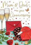 This romantic anniversary card illustration presents a richly detailed table scene that feels as intimate as a quiet celebration in a Morden home near Morden South station. At the centre, two slender champagne flutes stand side by side, each filled with pale golden champagne. The bubbles are caught in motion, rising in delicate trails that suggest a joyful toast is about to happen. In front of the glasses lie two deeply coloured red roses, their petals velvety and dense, with each bloom opened just enough to show its layered heart. The roses are accompanied by fresh green leaves, adding natural contrast and the suggestion of a carefully chosen anniversary bouquet. Beside them, an open heart-shaped box reveals a tempting selection of chocolates, neatly aligned within a deep red case finished with a lavish satin bow. A few chocolates rest on the tabletop, as if someone has already begun to savour them. To one side sits a bright red envelope, sealed and inviting, hinting at a handwritten message full of affection, perhaps addressed tenderly to Mum & Dad. All around, small hearts in crimson and gleaming gold drift across the background, like gentle confetti, tying together the colours of roses, ribbon, and champagne. The lighting is soft and flattering, giving the glassware a subtle sparkle and the chocolate box a warm sheen. The whole composition conveys the feeling of an anniversary evening thoughtfully prepared, with flowers, fizz, and sweet treats symbolising enduring love and shared memories in Morden.